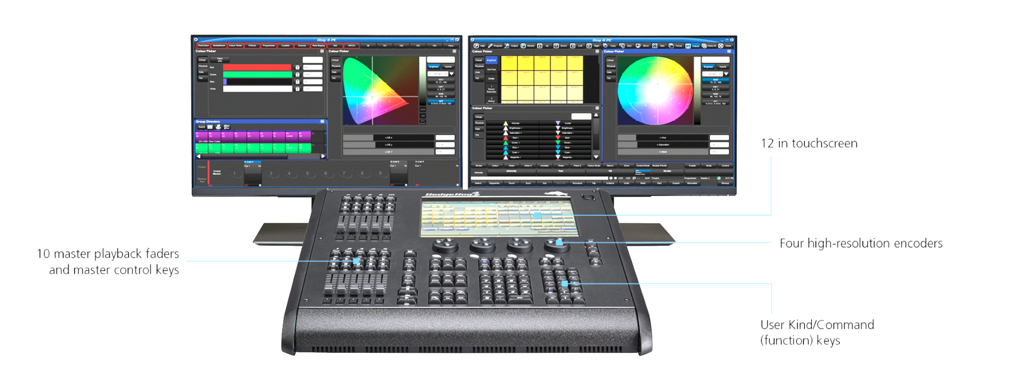 HedgeHog 4X lighting control console with its touchscreen, faders, and encoders