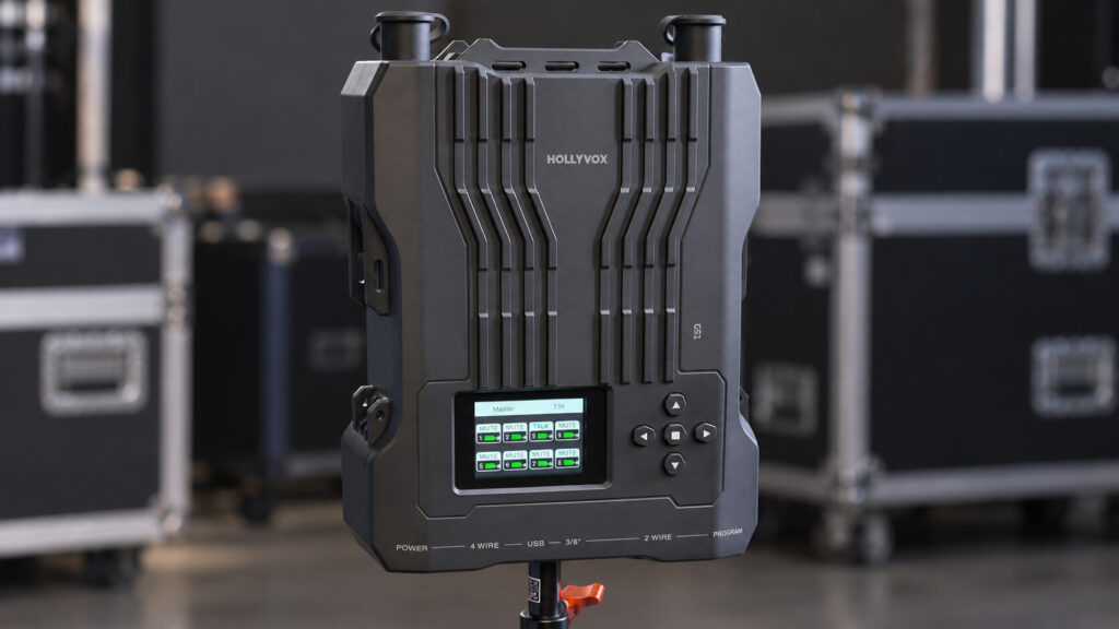 Hollyvox G51 wireless intercom base station mounted on a professional stand