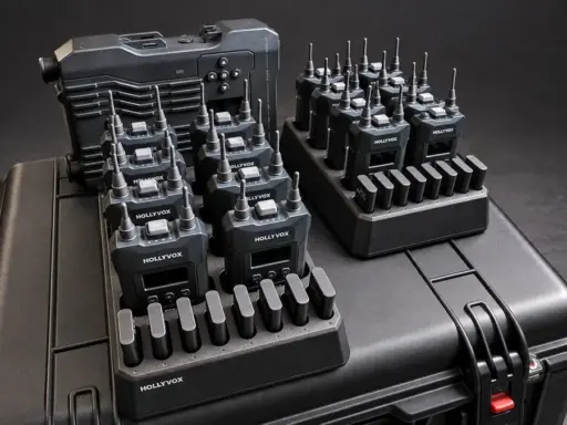 Sonicworks Hollyvox wireless intercom belt packs, charging docks and base stations