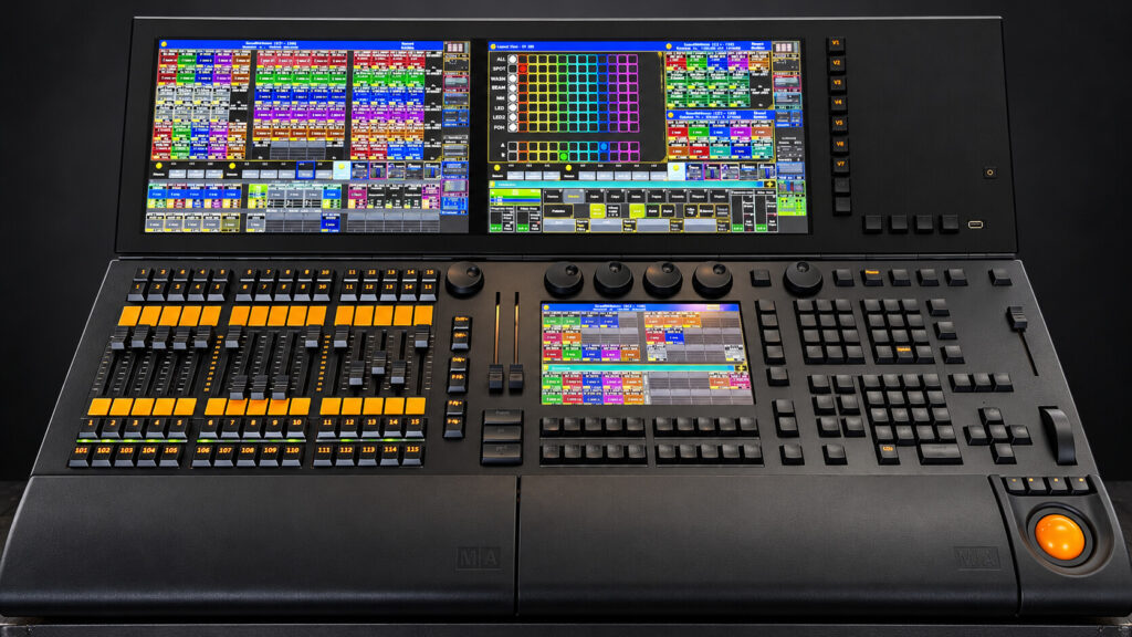 Professional MA lighting console prepared for a Sonicworks rental production