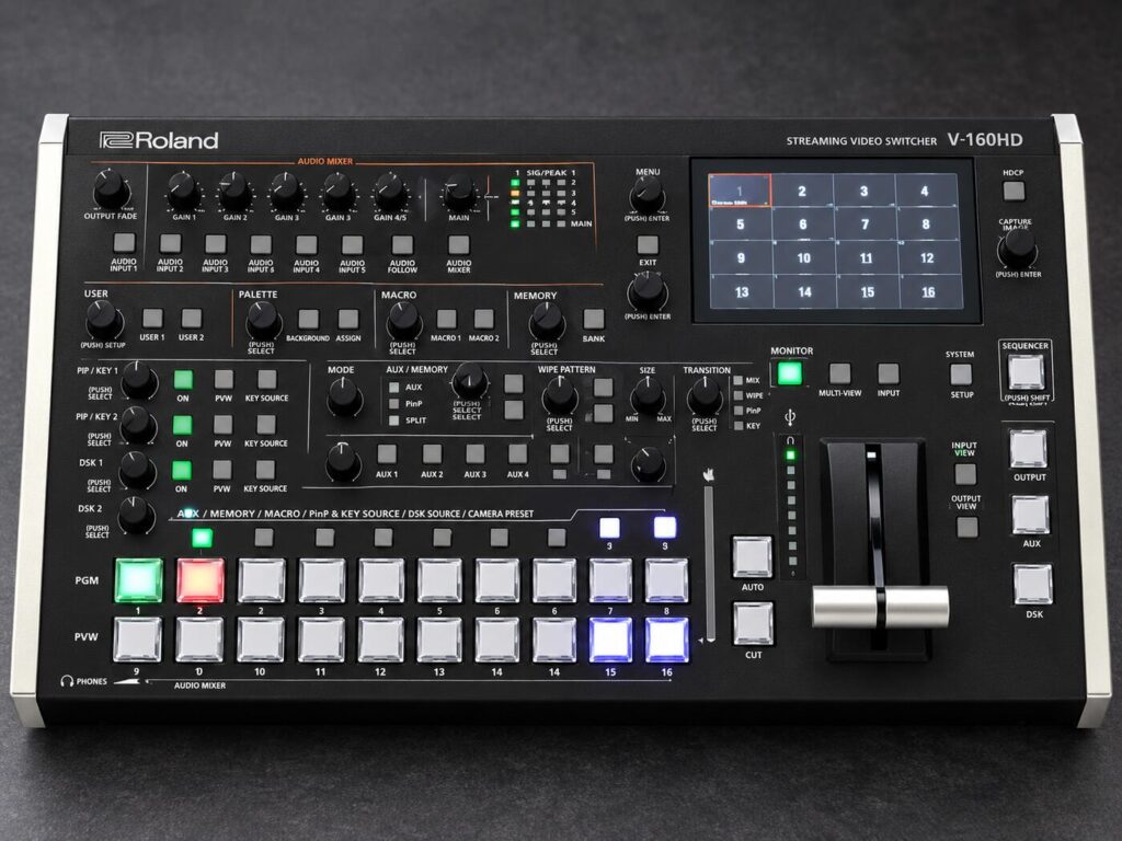 Roland V-160HD professional video switcher on a clean dark studio background