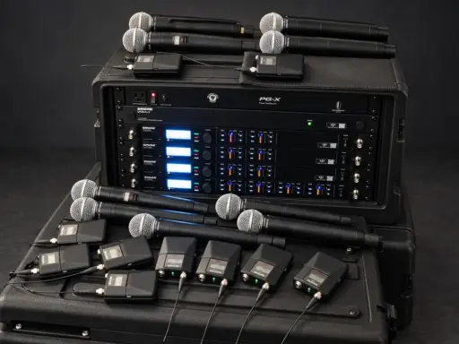 Sonicworks Shure wireless microphone rack, handheld microphones and bodypack transmitters