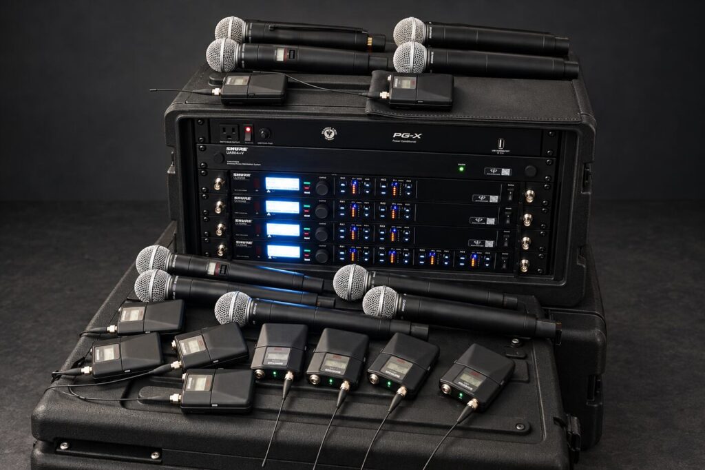 Sonicworks Shure wireless microphone rack, handheld microphones and bodypack transmitters
